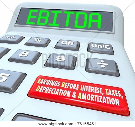 EBITDA word in digital letters on a calculator display to illustrate earnings before interest, taxes, depreciation and amortization
