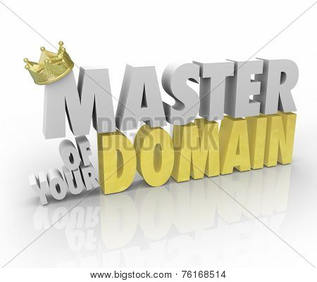Master of Your Domain words in 3d letters with gold crown to illustrate reaching a top position of leadership as CEO, president or king over your realm or organization