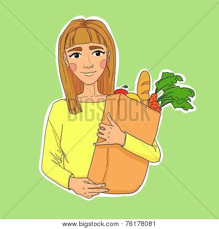Hand Drawn Illustration. Healthy Eating Secret Of Beauty. Young