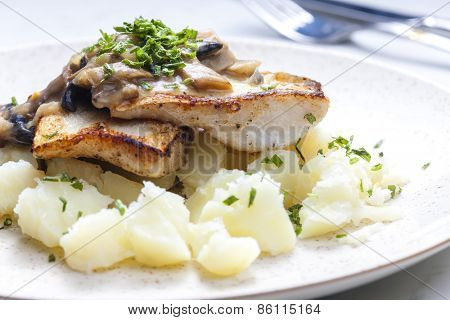 pikeperch on butter with mushroom sauce and spring potatoes