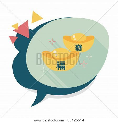 Chinese New Year Flat Icon With Long Shadow,eps10, Gold Ingot With Chinese Words Means 