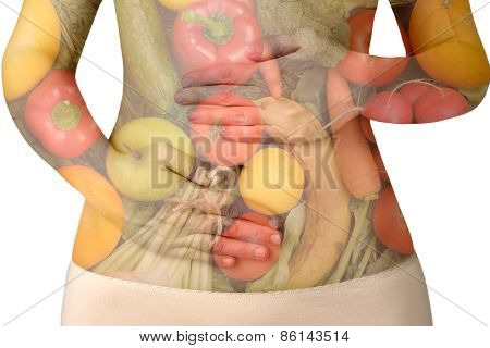 Female Abdomen With Fruits And Vegetables Isolated On White