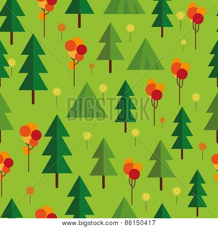 Flat seamless pattern with  trees. Abstract texture with trees. Fir forest. 