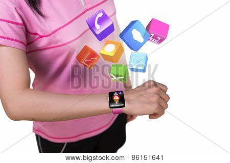 Sport Female Wearing Touchscreen Smartwatch With Colorful App Icons