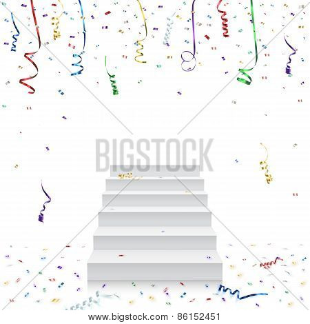 Celebration background template with stairs and konfetti.