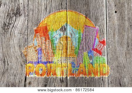 Portland Oregon Skyline Circle Color Wood Background Illustration