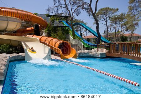 Aquapark sliders, aqua park, water park, pool.