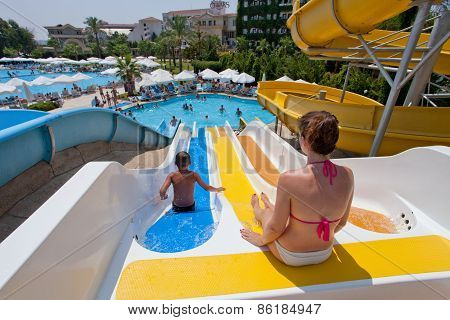 Aquapark sliders, aqua park, water park, pool.