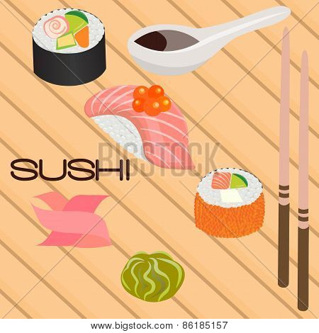 Japanese Seafood Sushi , Roll And Chopsticks