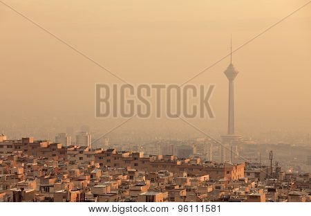 Sunset Light On Skyline Of Air Polluted Tehran
