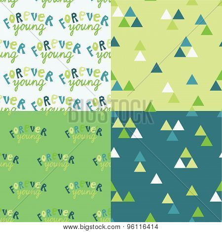 Forever young vector lettering and seamless patterns collection. Hand drawn illustration.