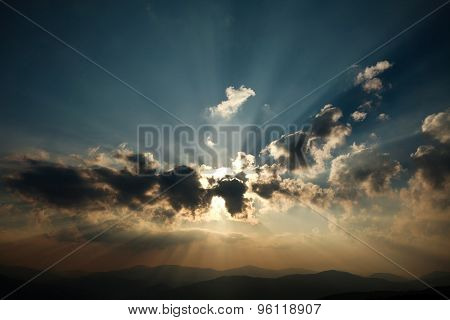Shining Sunrise Over The Mountains In A Cloudy Sky, Nature Background