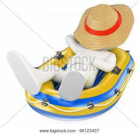 3D White People. Man Napping In An Inflatable Boat