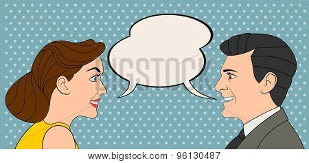 Retro couple talking. Vintage art.