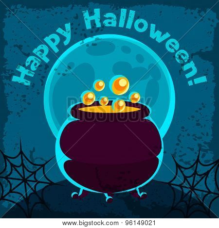 Happy halloween greeting card with pot of potion