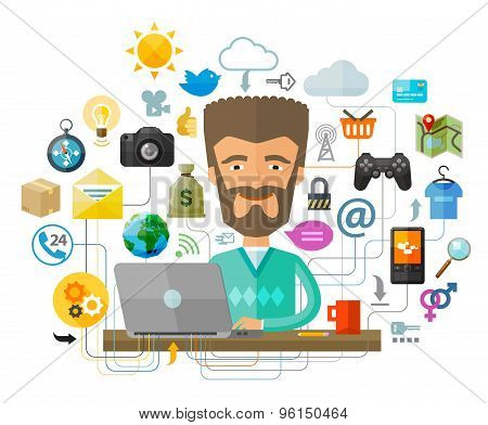 A man with a beard behind the laptop on the Internet. Vector illustration