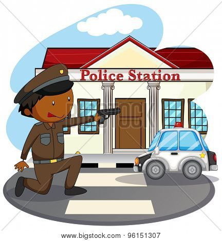 Policeman in uniform and police station