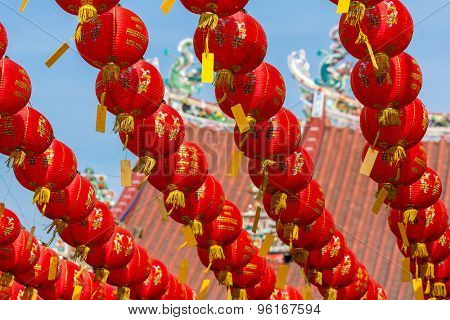 Chinese New Year red and yellow paper lanterns in Kuan Yin Temple, Penang, Malaysia