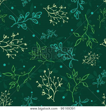Vector Dark Green Spring Braches Drawing Seamless Pattern