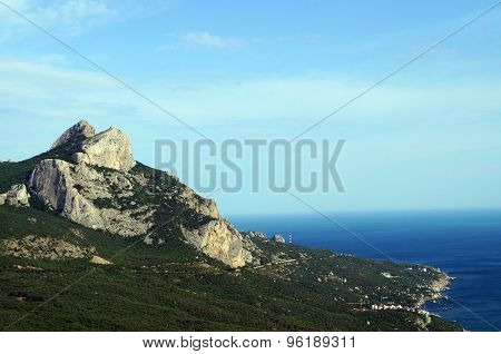 high gray rock in the green forest on the shore of the blue sea