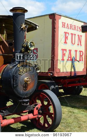 Steam traction engine and trailer.