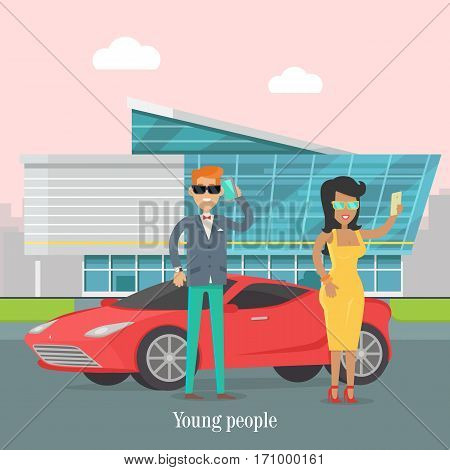 Young rich people standing near the luxury car. Man speaks on telephone in urban city. Happy young lady making selfie. Skyscraper on the background in flat style design. Vector illustration