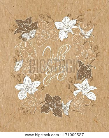 Hand-drawn spring flowers daffodils and orchids on kraft paper.