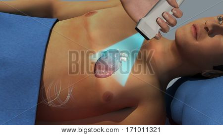 The device picks up echoes of the sound waves as they bounce off the different parts of your heart. 3D