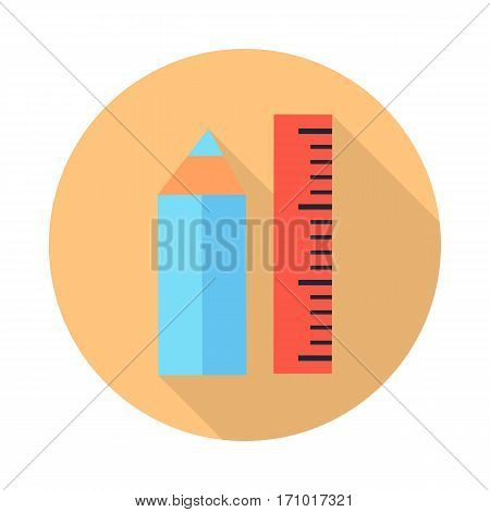 Ruler and pencil icons with shadow isolated on white. Stationery blue pencil and red ruler. Editable items in flat style for web design. Part of series of accessories for work in office. Vector