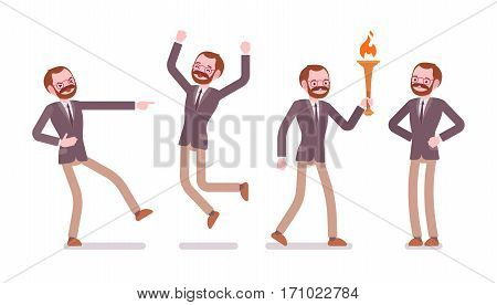 Set of male professional teacher showing positive emotions, successful, jumping with joy, bearing a torch, laughing, feeling happy and enthusiastic, full length, front view isolated, white background