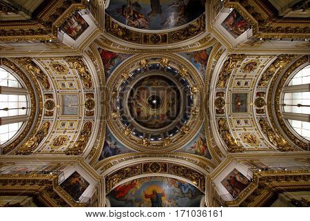 SAINT-PETERSBURG RUSSIA - JANUARY 03 2017: The painting on the dome and walls of Saint Isaac's Cathedral in St. Petersburg Russia. Paintings on religious themes.