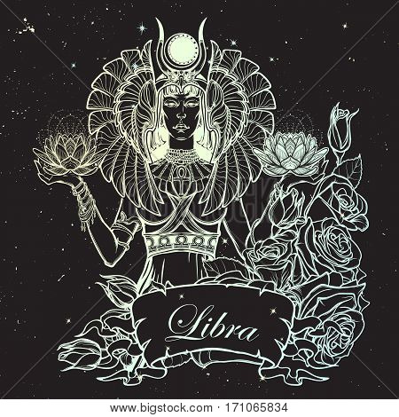 Zodiac sign Libra. Egyptian goddess Isis balancing in hands black and white lotus as a symbol of equilibrium. Vintage art nouveau style concept art for horoscope or birthday card. Night sky background