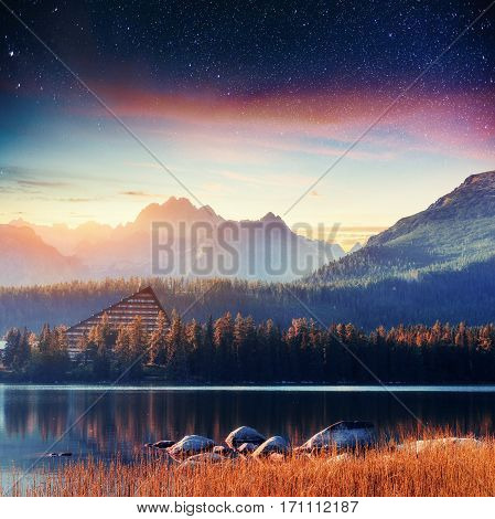 Fantastic Shtrbske Pleso High Tatras. Starry sky. Slovakia, Europe