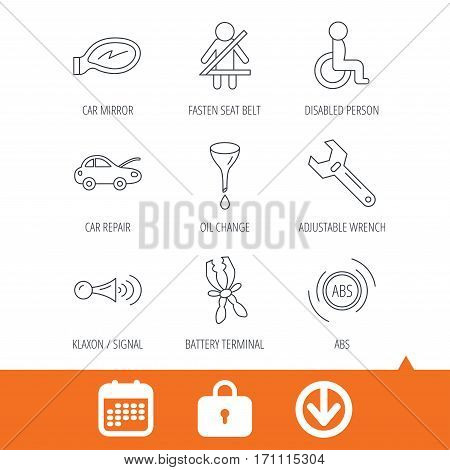 Car mirror repair, oil change and wrench tool icons. ABS, klaxon signal and fasten seat belt linear signs. Disabled person icons. Download arrow, locker and calendar web icons. Vector