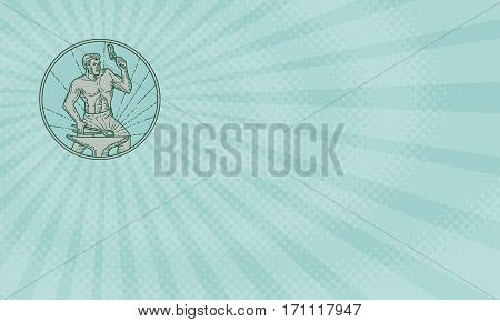 Business card showing Mono line style illustration of a blacksmith worker holding hammer hammering striking at anvil viewed from front set inside circle on sunburst background.
