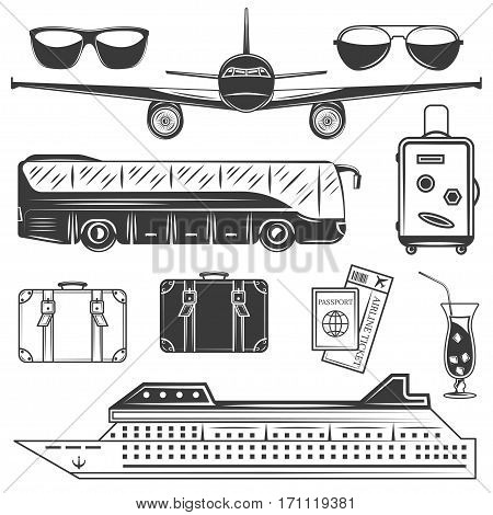 Set of travel and tourism monochrome icons, design elements isolated on white background. Summer