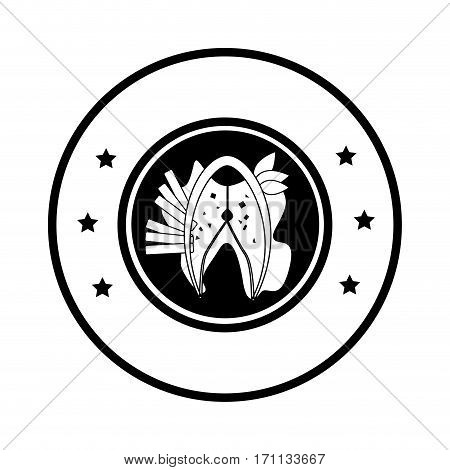 circular border with silhouette dish with fish steak with potatos and lettuce vector illustration
