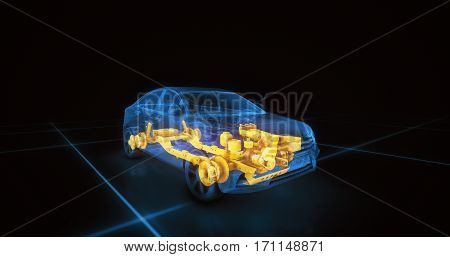Sport car wire model with blue neon ob black background. 3d render