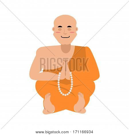 Buddhist Monk Meditating. Zen And Enlightenment. Orange Cape And Rosary. Tibetan Priest