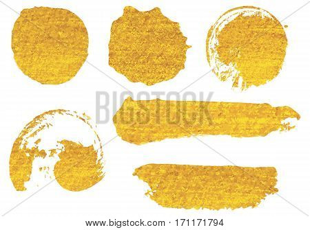 Set with Golden splashes, spots, dots and stripes isolated on white background. Golden texture for design. Vector ullustration