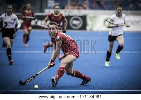 VALENCIA, SPAIN - FEBRUARY 12: Belen Iglesias with ball during Hockey World League Round 2 Final match between Spain and Poland at Betero Stadium on February 12, 2017 in Valencia, Spain