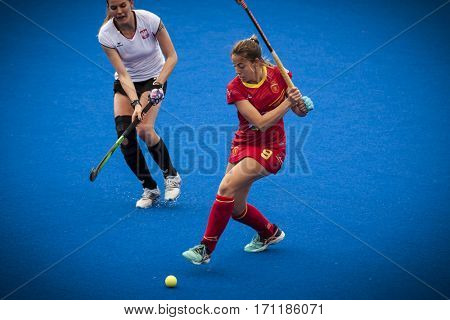 VALENCIA, SPAIN - FEBRUARY 12: 9 Maria Lopez during Hockey World League Round 2 Final match between Spain and Poland at Betero Stadium on February 12, 2017 in Valencia, Spain