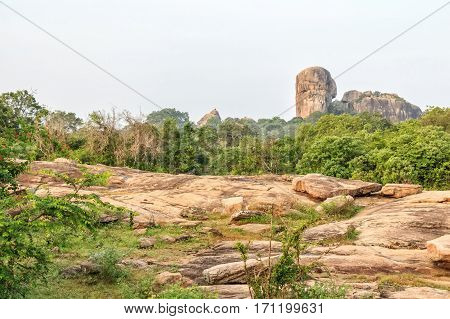 Scenic view with inselberg or monadnock known as Turtle in Yala National Park, Sri Lanka