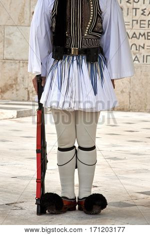 Evzonas Guardian in front of the Greek parliament building Athens Greece.