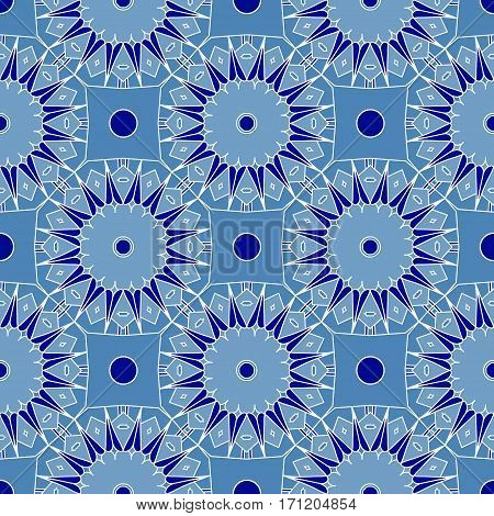 Intricate blue abstract seamless background. Repeating kaleidoscope pattern. Vector