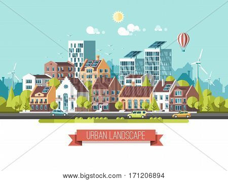 Green energy and eco friendly modern city. Traditional architecture landscape. Solar and wind power. Flat vector illustration. 3d style.