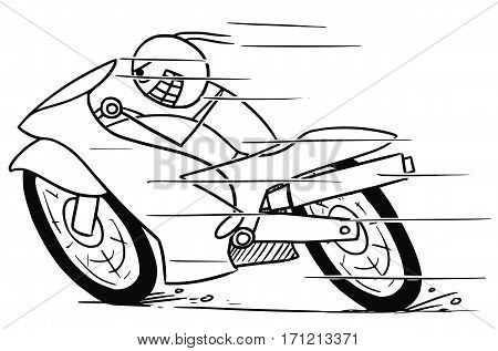 Cartoon vector doodle mad stickman man riding powerfull motorbike fast