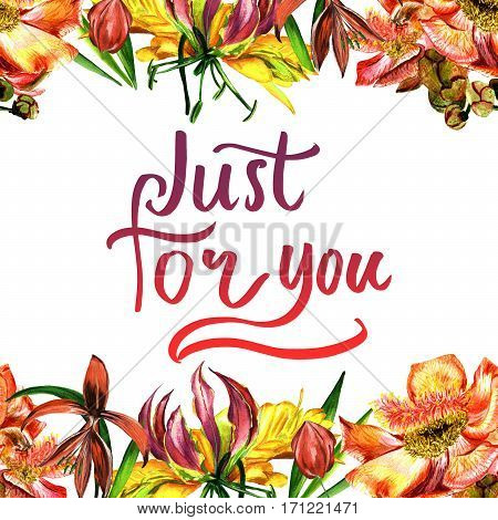Tropical Hawaii leaves and flowers frame in a watercolor style isolated. Aquarelle wild flower for background, texture, wrapper pattern, frame or border.