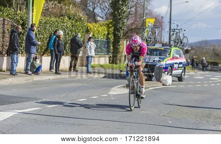 Conflans-Sainte-HonorineFrance-March 62016: The Italian cyclist Davide Cimolais of Lampre-Merida Team riding during the prologue stage of Paris-Nice 2016.