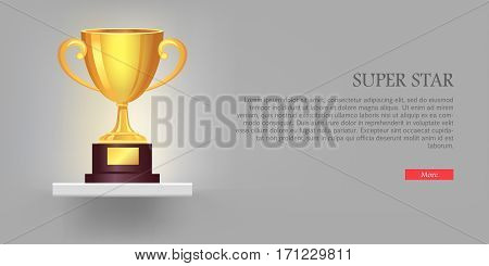 Super golden cup with two handles. Real award. 3d icon. Contemporary great shiny, glossy and brightly prize on brown base. Win. Achievement. Flat design. Vector illustration